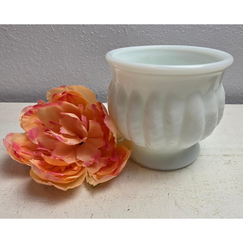 Vintage Randall Glass Co. Milk Glass Pedestal Planter Glossy White‎ Rope Texture